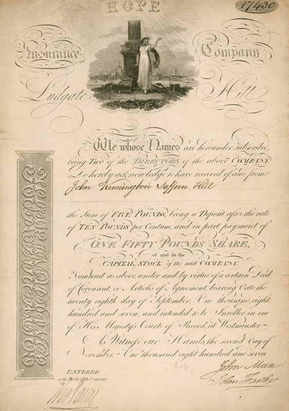 Aktie der Hope Insurance Company, Ludgate Hill, London von English School