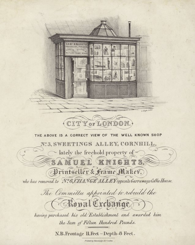 Laden von Samuel Knights, Druckhändler und Rahmenmacher, 3 Sweetings Alley, Cornhill, City of London von English School