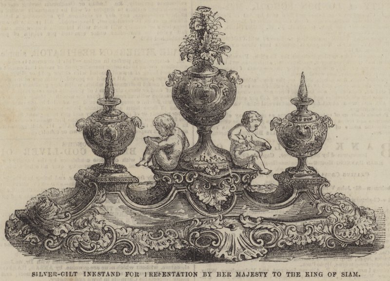 Vergoldetes Silber-Tintenfass zur Präsentation durch Ihre Majestät an den König von Siam (Gravur) von English School