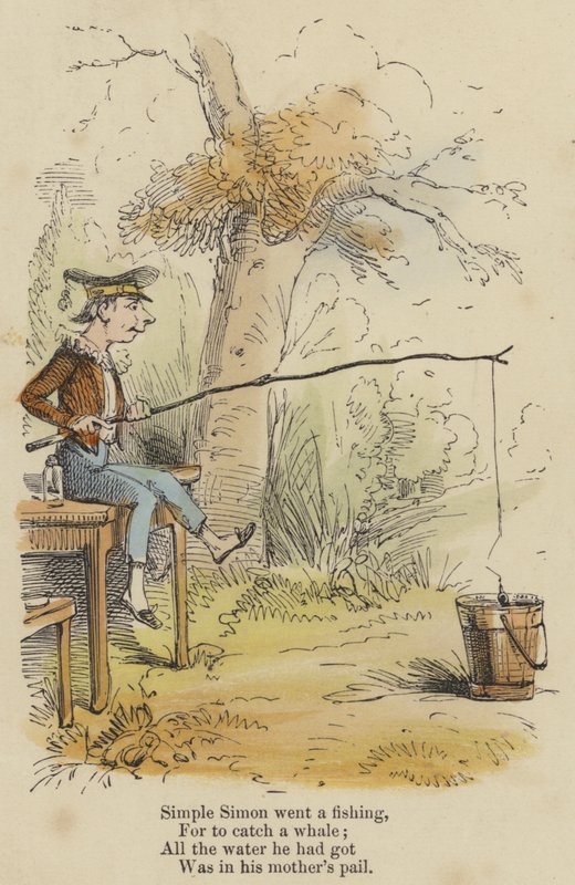 Einfacher Simon ging angeln, um einen Wal zu fangen; Alles Wasser, das er hatte, war im Eimer seiner Mutter von English School
