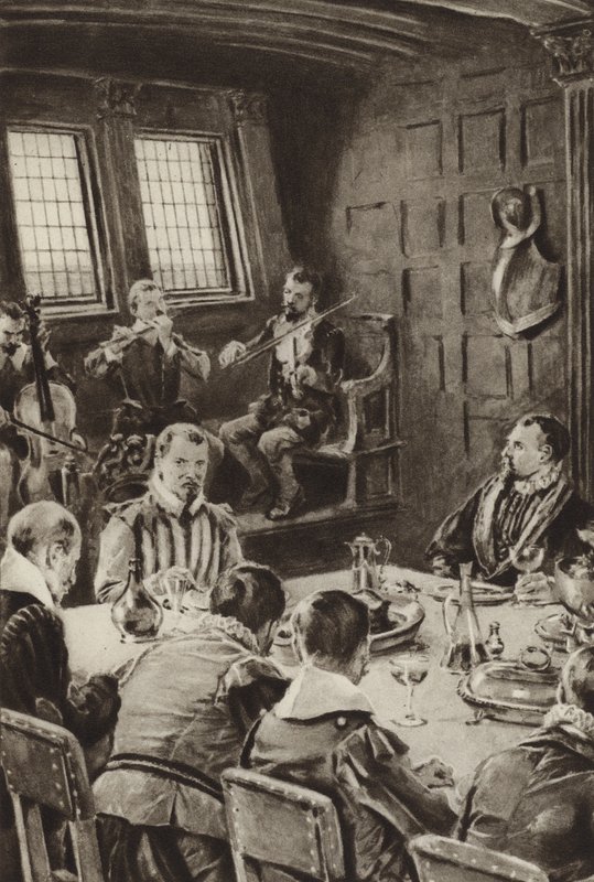 Sir Francis Drake, speist auf der Golden Hind zum Klang von Geigen von English School