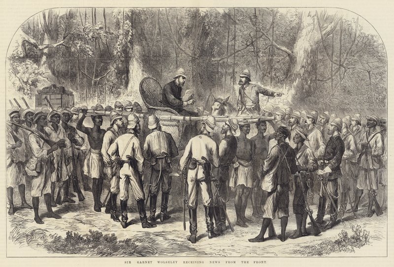 Sir Garnet Wolseley erhält Nachrichten von der Front (Stich) von English School