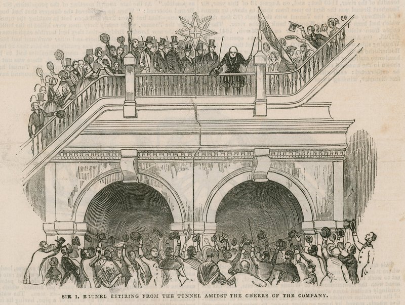 Sir Isambard Brunel zieht sich unter dem Jubel der Gesellschaft aus dem Tunnel zurück von English School