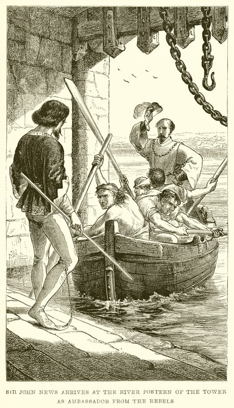 Sir John News kommt als Botschafter der Rebellen am Flusspostern des Turms an von English School