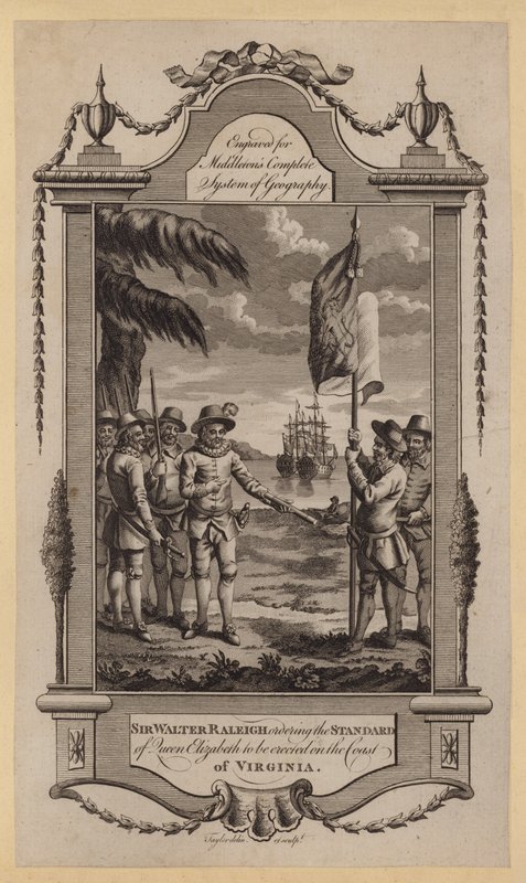 Sir Walter Raleigh befiehlt, das Banner von Königin Elizabeth an der Küste von Virginia zu errichten (Stich) von English School