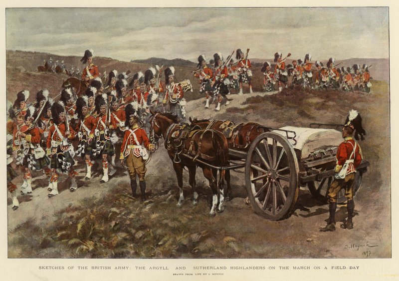 Skizzen der britischen Armee, die Argyll und Sutherland Highlanders auf dem Marsch an einem Feldtag von English School