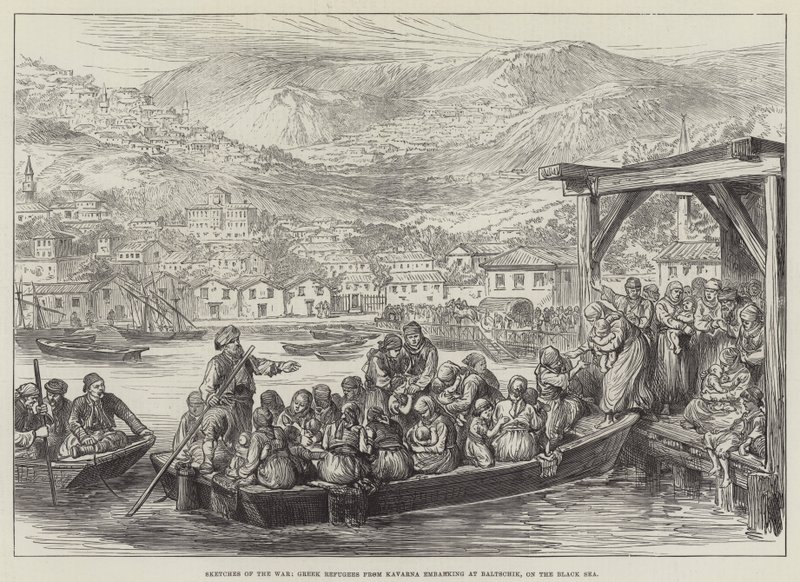 Kriegsskizzen, griechische Flüchtlinge aus Kavarna gehen in Baltschik, am Schwarzen Meer, an Bord (Stich) von English School