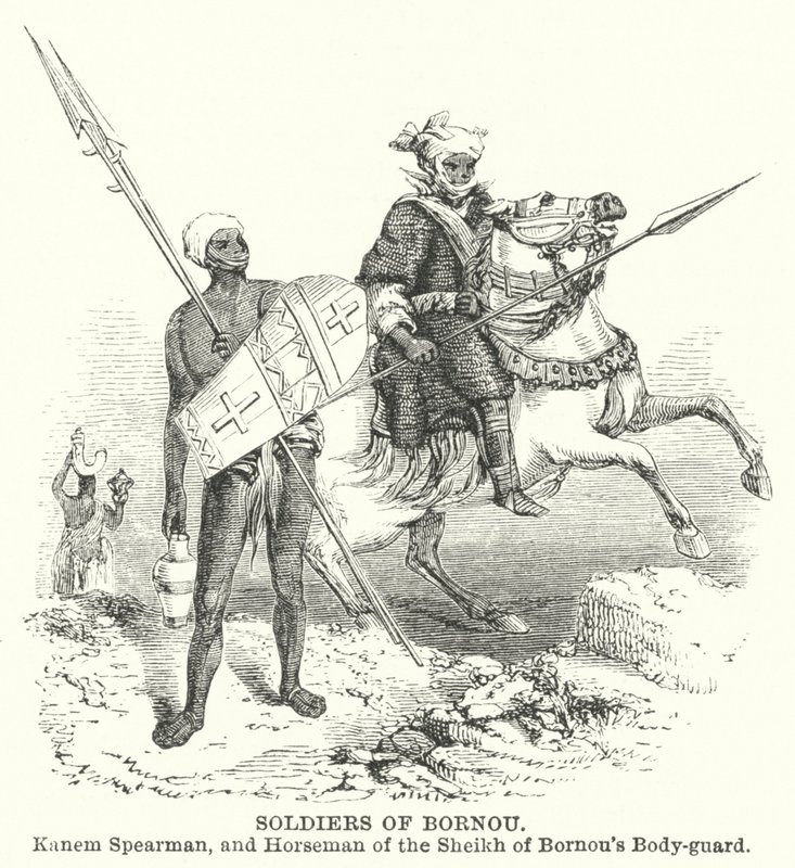 Soldaten von Bornou, Kanem-Speerträger und Reiter der Leibgarde des Scheichs von Bornou von English School