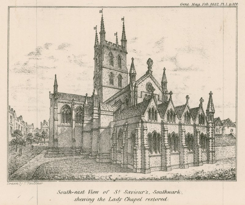 Südostansicht der St. Saviours Kirche, Southwark, zeigt die restaurierte Lady Chapel von English School