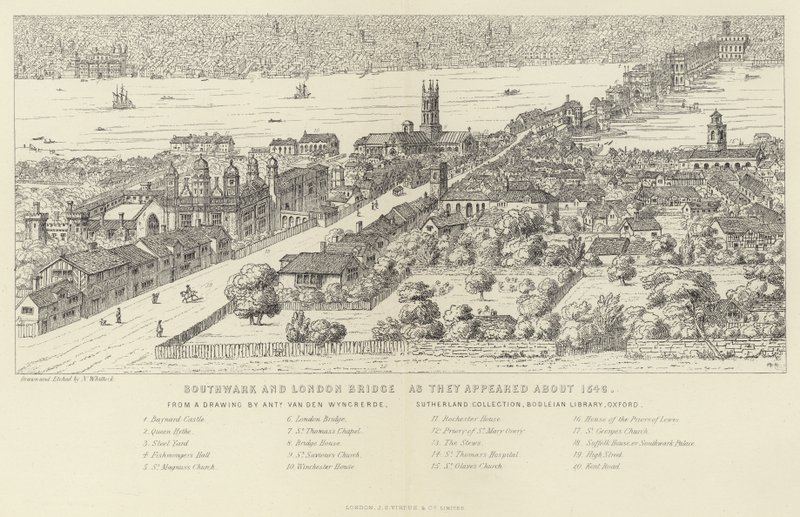 Southwark und London Bridge um 1546 von English School