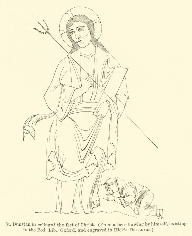St. Dunstan kniet zu den Füßen Christi, aus einer Federzeichnung von ihm selbst, existierend in der Bodleian Library, Oxford, und graviert in Hick
