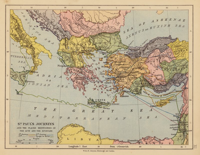 Die Reisen des Paulus und die in den Apostelgeschichten und Briefen erwähnten Orte (Farblithografie) von English School