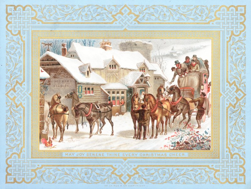 Postkutsche und Pferde vor Gasthaus, Weihnachtskarte von English School
