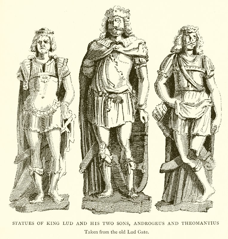 Statuen von König Lud und seinen zwei Söhnen, Androgeus und Theomantius von English School