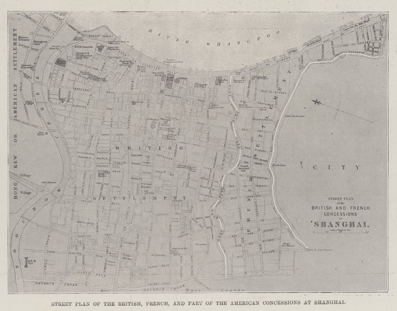 Straßenplan der britischen, französischen und teilweise amerikanischen Konzessionen in Shanghai von English School