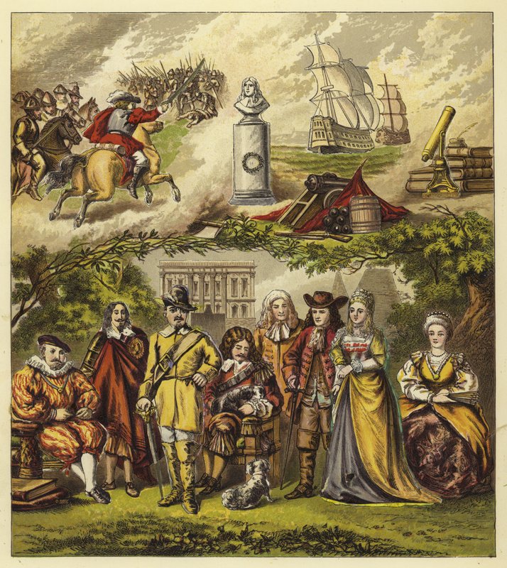 Stuarts, Commonwealth und Haus Oranien; König Jakob I, König Karl I, Oliver Cromwell, König Karl II, König Jakob II, Wilhelm und Maria, Königin Anne von English School