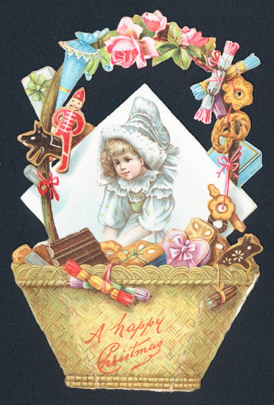 Süßigkeitenkorb und Bild eines Mädchens, Weihnachtskarte von English School