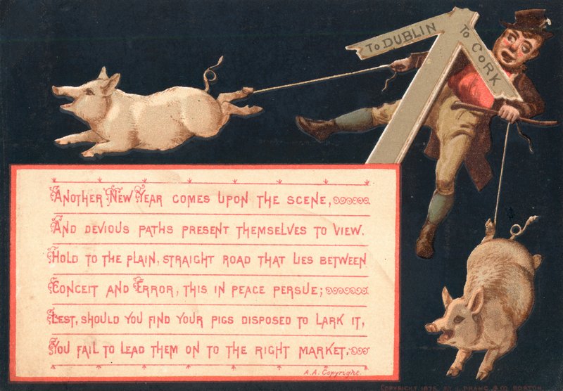 Schweine zum Markt bringen, Neujahrskarte von English School