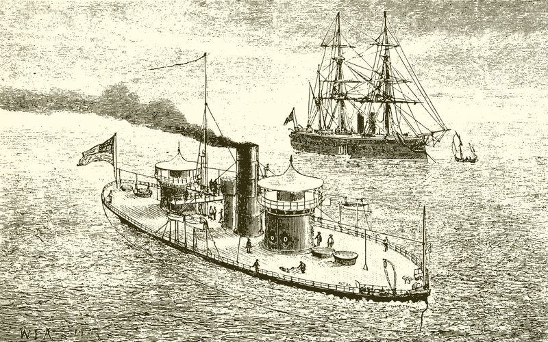 Das amerikanische Doppelturm-Kriegsschiff Miantonoma und Panzerschiff von English School
