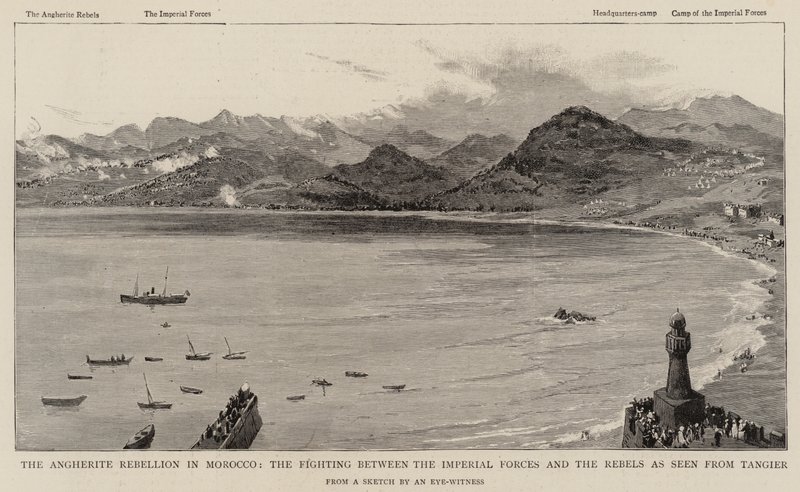 Die Angherite-Rebellion in Marokko, die Kämpfe zwischen den kaiserlichen Truppen und den Rebellen, gesehen von Tanger (Gravur) von English School