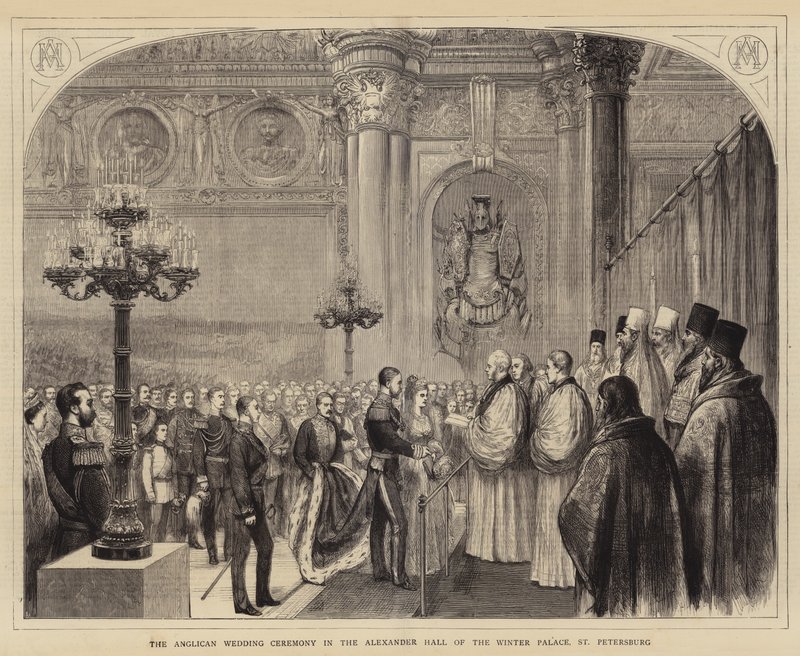 Die anglikanische Hochzeitszeremonie in der Alexanderhalle des Winterpalastes, St. Petersburg (Stich) von English School