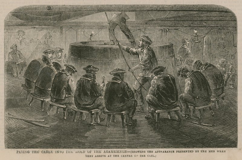 Das Atlantikkabel; Verlegung des Kabels in den Laderaum der Agamemnon von English School
