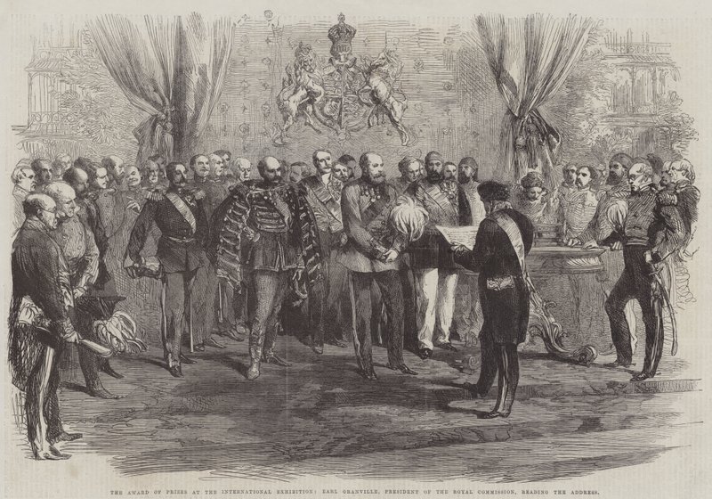 Die Preisverleihung bei der Internationalen Ausstellung, Earl Granville, Präsident der Royal Commission, liest die Ansprache von English School