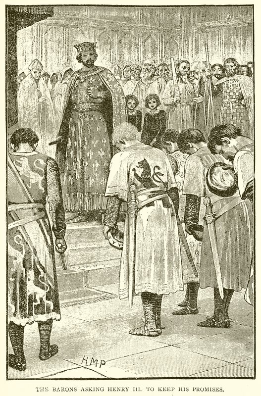 Die Barone fordern Heinrich III. auf, seine Versprechen zu halten von English School
