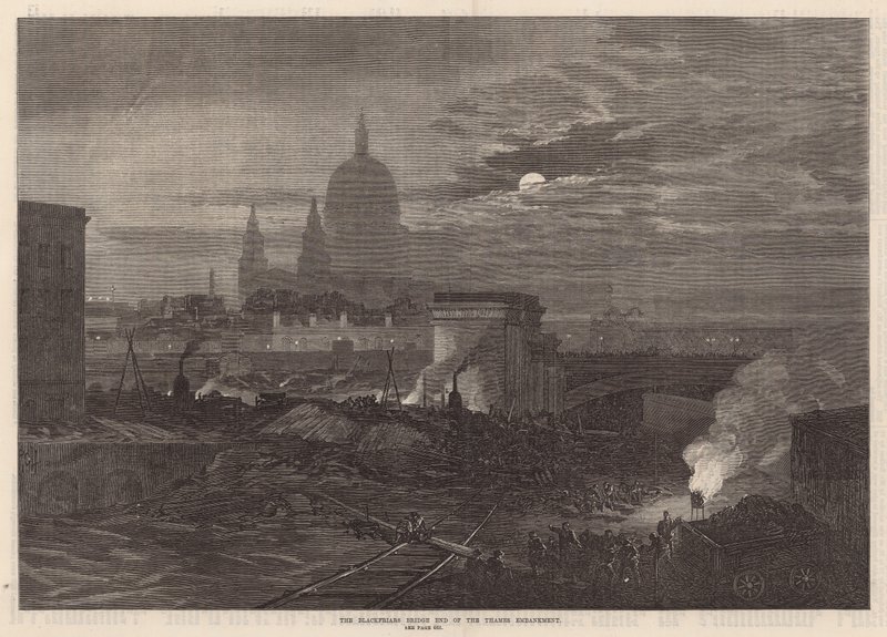 Das Blackfriars Bridge Ende des Themse-Uferdamms von English School