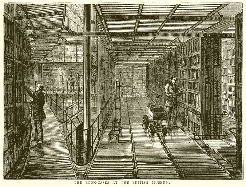 Die Bücherregale im British Museum von English School