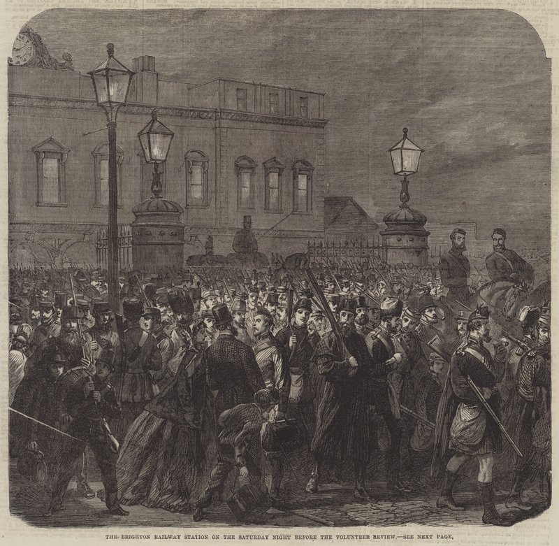 Der Bahnhof von Brighton am Samstagabend vor der Freiwilligenparade (Stich) von English School