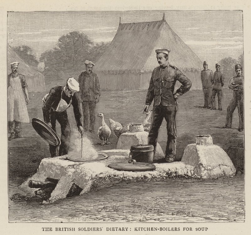 Die Ernährung der britischen Soldaten, Küchenboiler für Suppe (Gravur) von English School