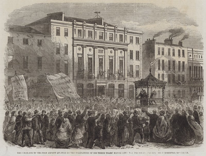 Die Ehrung von Sir John Arnott in Cork nach Abschluss seiner dreijährigen Amtszeit als Bürgermeister, die Prozession passiert die Handelsgebäude (Stich) von English School