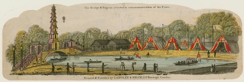 Die chinesische Pagode und Brücke, errichtet über den Kanal im St Jamess Park zur Feier des Friedens, 1. August 1814 von English School