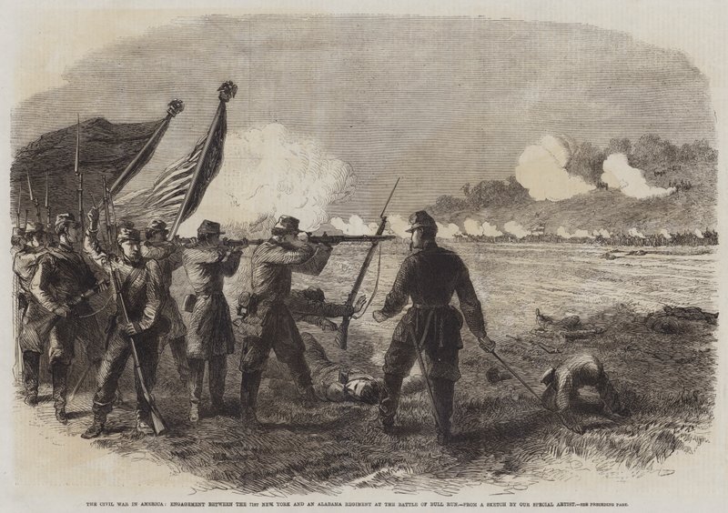 Der Bürgerkrieg in Amerika, Gefecht zwischen dem 71. New Yorker Regiment und einem Alabama-Regiment in der Schlacht von Bull Run (Stich) von English School