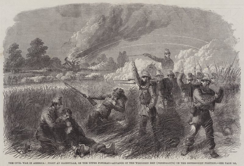 Der Bürgerkrieg in Amerika, Kampf bei Hainsville am oberen Potomac, Vormarsch der Wisconsin-Männer (Föderalisten) auf die Position der Sezessionisten (Stich) von English School