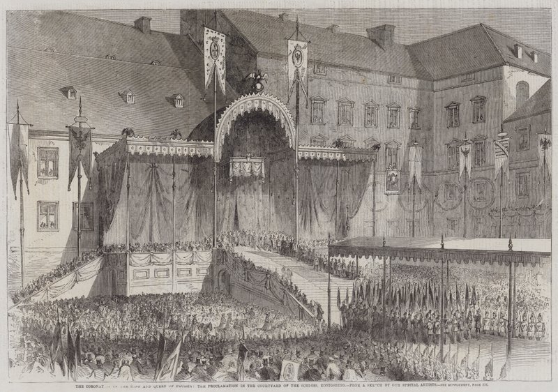 Die Krönung des Königs und der Königin von Preußen, die Proklamation im Schlosshof, Königsberg (Stich) von English School