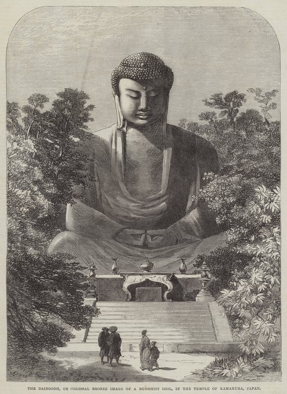 Der Daiboodh, oder kolossale Bronzestatue eines buddhistischen Idols, im Tempel von Kamakura, Japan von English School
