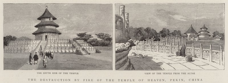 Die Zerstörung durch Feuer des Himmelstempels, Peking, China von English School