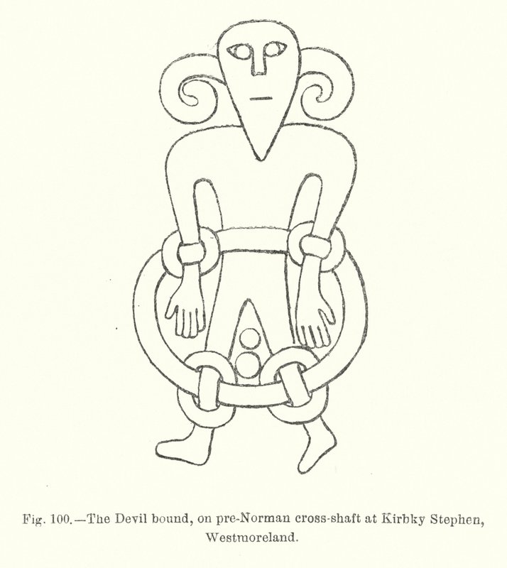 Der gefesselte Teufel auf einem vor-normannischen Kreuzschaft in Kirbky Stephen, Westmoreland von English School