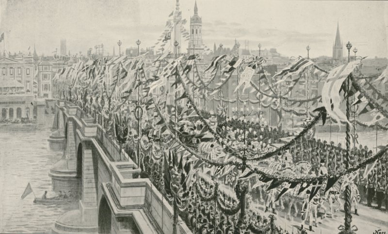 Die Diamant-Jubiläumsprozession überquert die London Bridge von English School