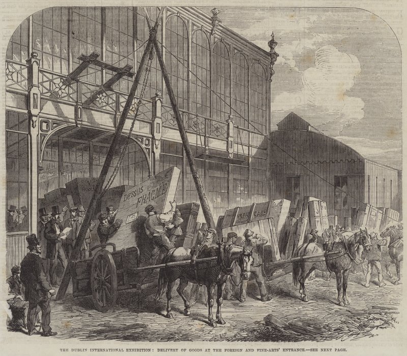 Die Dubliner Internationale Ausstellung, Lieferung von Waren am Eingang für Ausländer und Schöne Künste (Stich) von English School