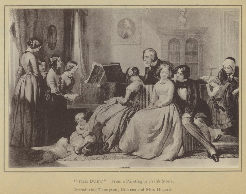 Das Duett, nach einem Gemälde von Frank Stone, mit Tennyson, Dickens und Miss Hogarth von English School