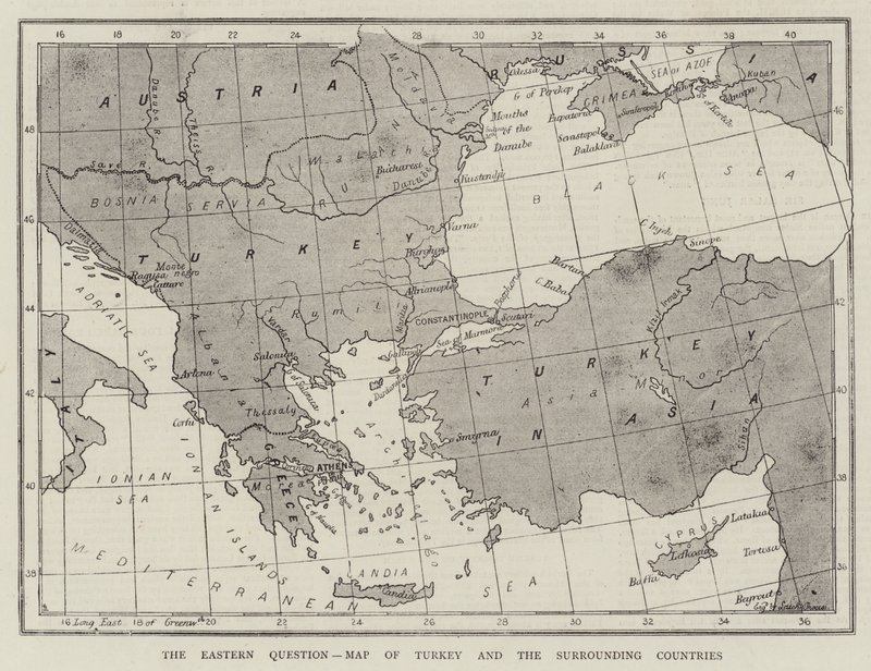 Die orientalische Frage, Karte der Türkei und der umliegenden Länder (Gravur) von English School