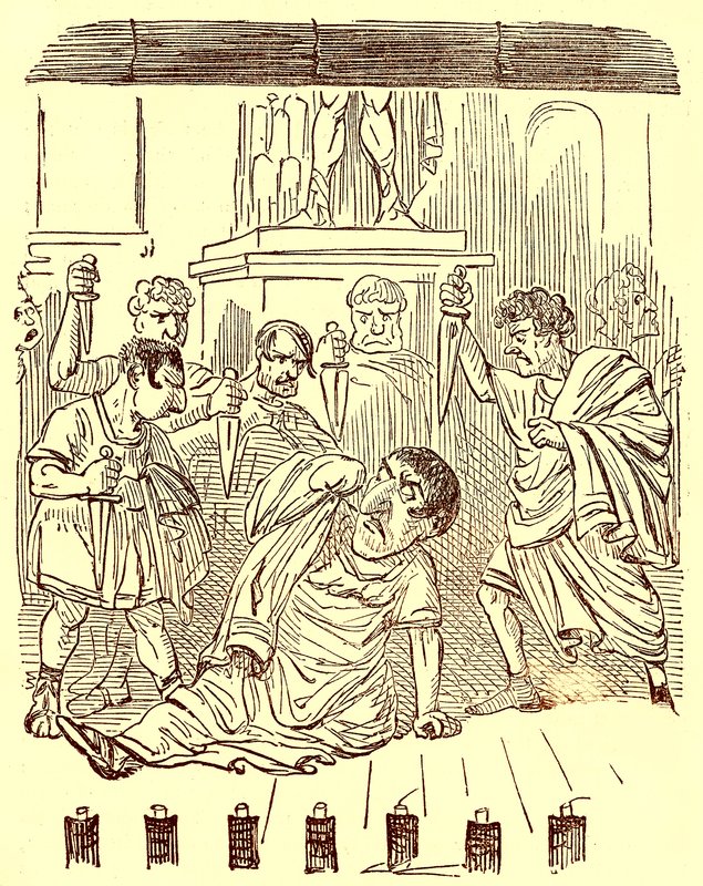 Das Ende von Julius Caesar, Illustration aus Die komische Geschichte Roms von Gilbert Abbott a Beckett, veröffentlicht um 1850 von English School