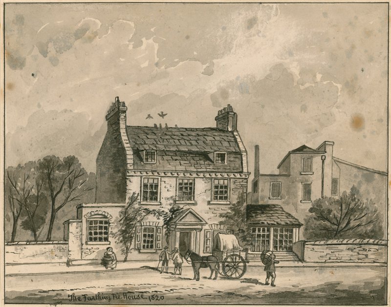 The Farthing Pie House, London, Originalzeichnung datiert 1820 von English School