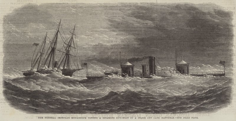 Der Bundes-Eisenpanzer Monadnock schleppt ein beschädigtes Kanonenboot in einem Sturm vor Cape Hatteras (Stich) von English School