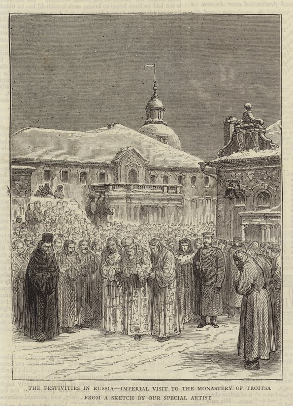 Die Feierlichkeiten in Russland, Kaiserlicher Besuch im Kloster Troitsa (Stich) von English School