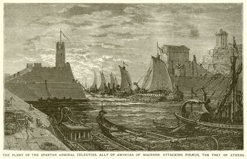 Die Flotte des spartanischen Admirals Teleutias, Verbündeter von Amyntas von Makedonien, greift Piräus, die Festung von Athen, an von English School