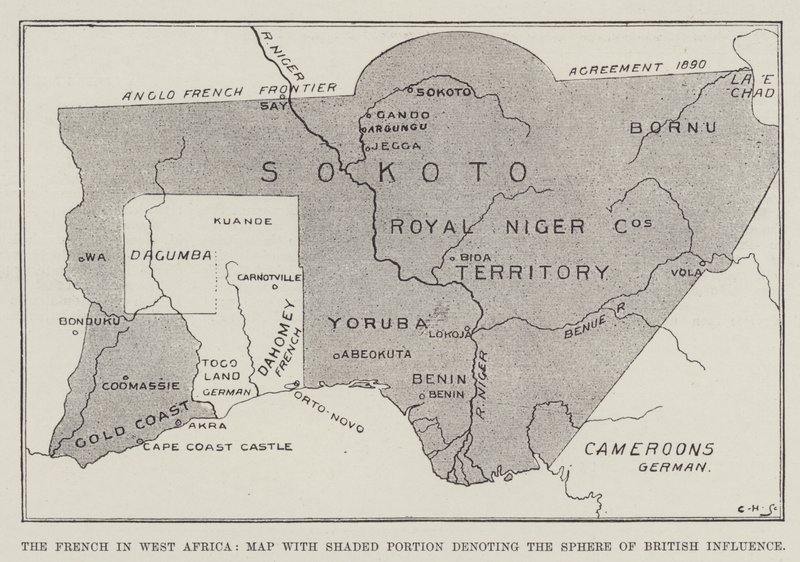 Die Franzosen in Westafrika, Karte mit schattiertem Bereich, der die britische Einflusszone zeigt (Lithografie) von English School